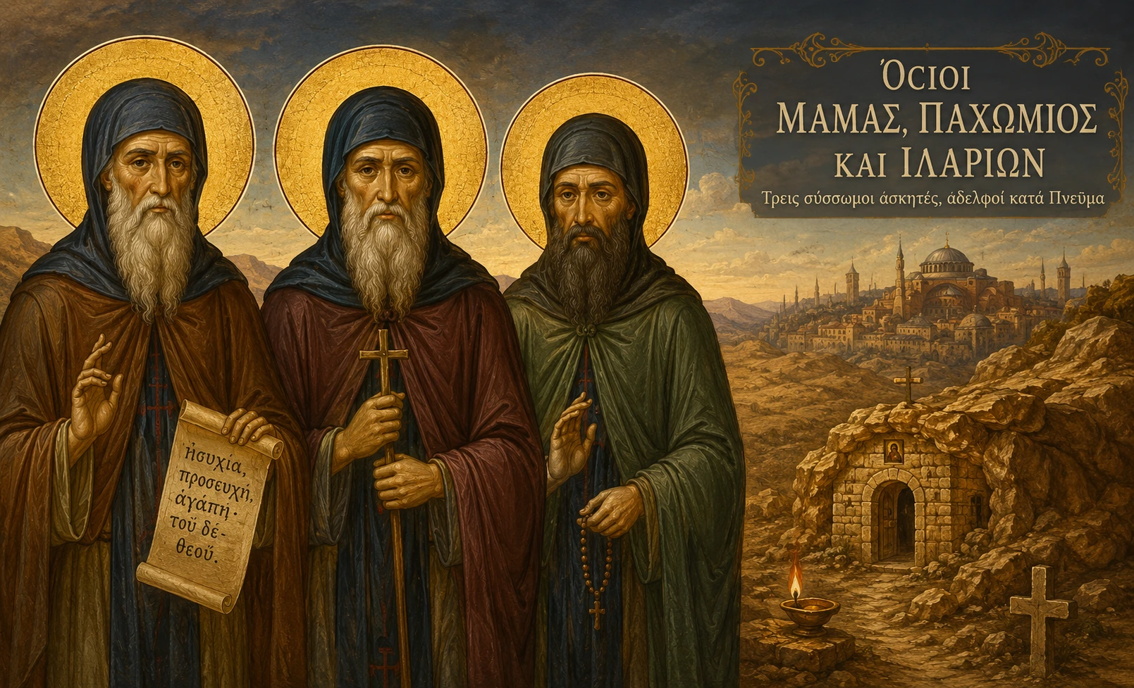 Εικόνα: Όσιοι Μάμας, Παχώμιος και Ιλαρίων
