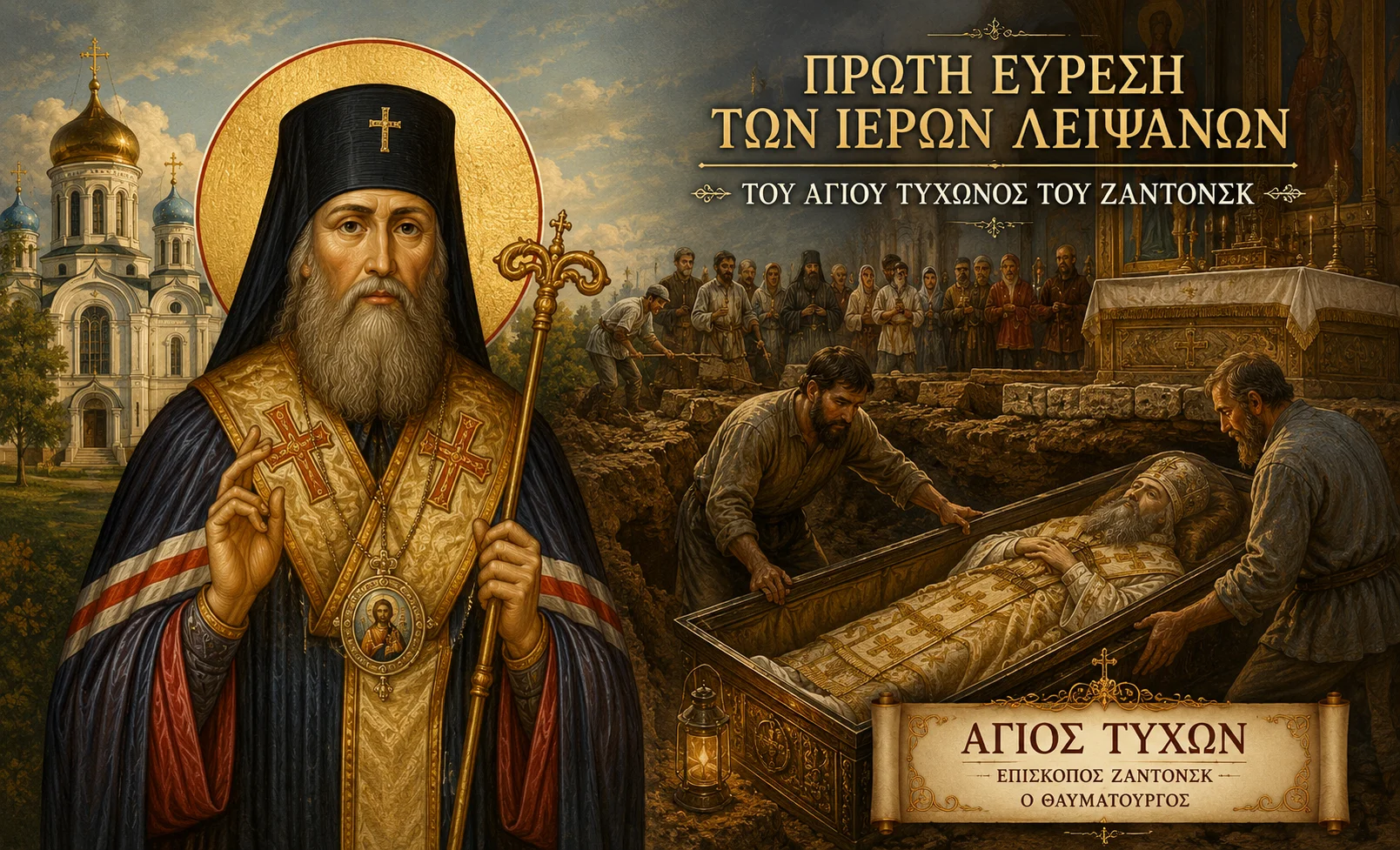 Εικόνα: Πρώτη Εύρεση Των Ιερών Λειψάνων Του Αγίου Τύχωνος Του Ζαντόνσκ