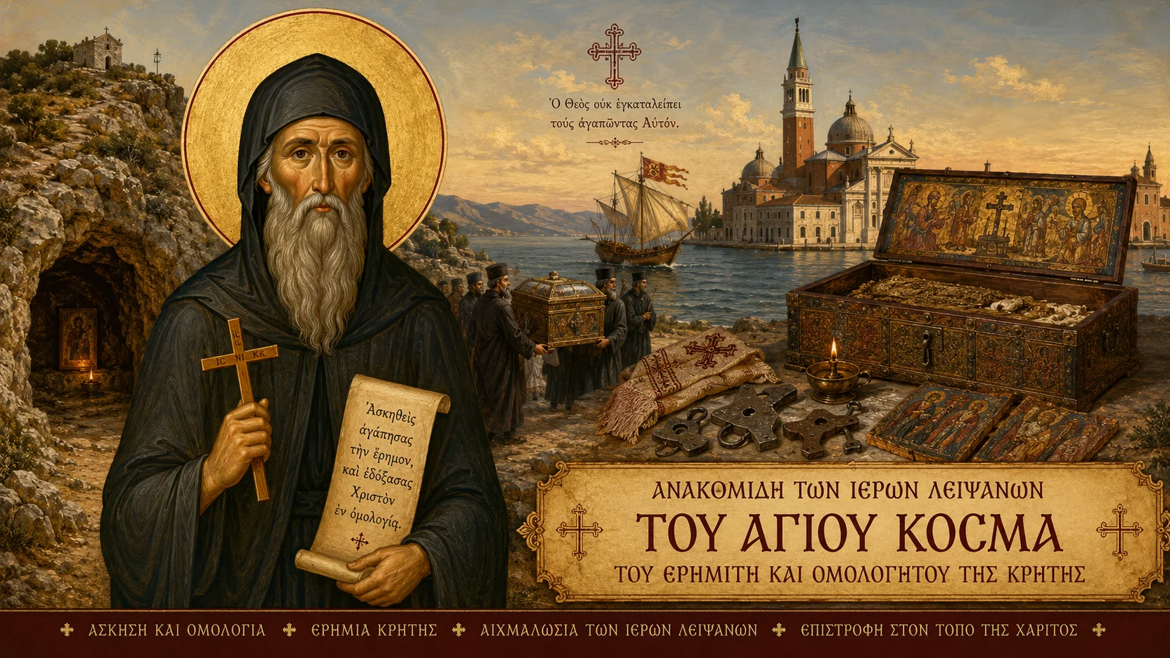 Εικόνα: Ανακομιδή Των Ιερών Λειψάνων Του Αγίου Κοσμά Του Ερημίτη Και Ομολογητού Της Κρήτης