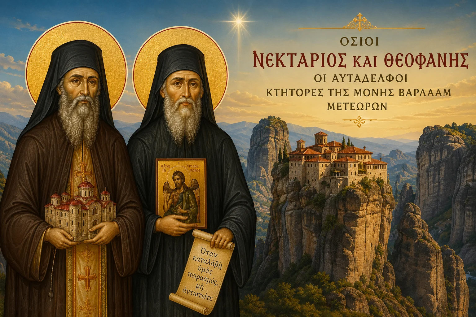 Εικόνα: Όσιοι Νεκτάριος Και Θεοφάνης Οι Αυτάδελφοι Κτήτορες Της Μονής Βαρλαάμ Μετεώρων