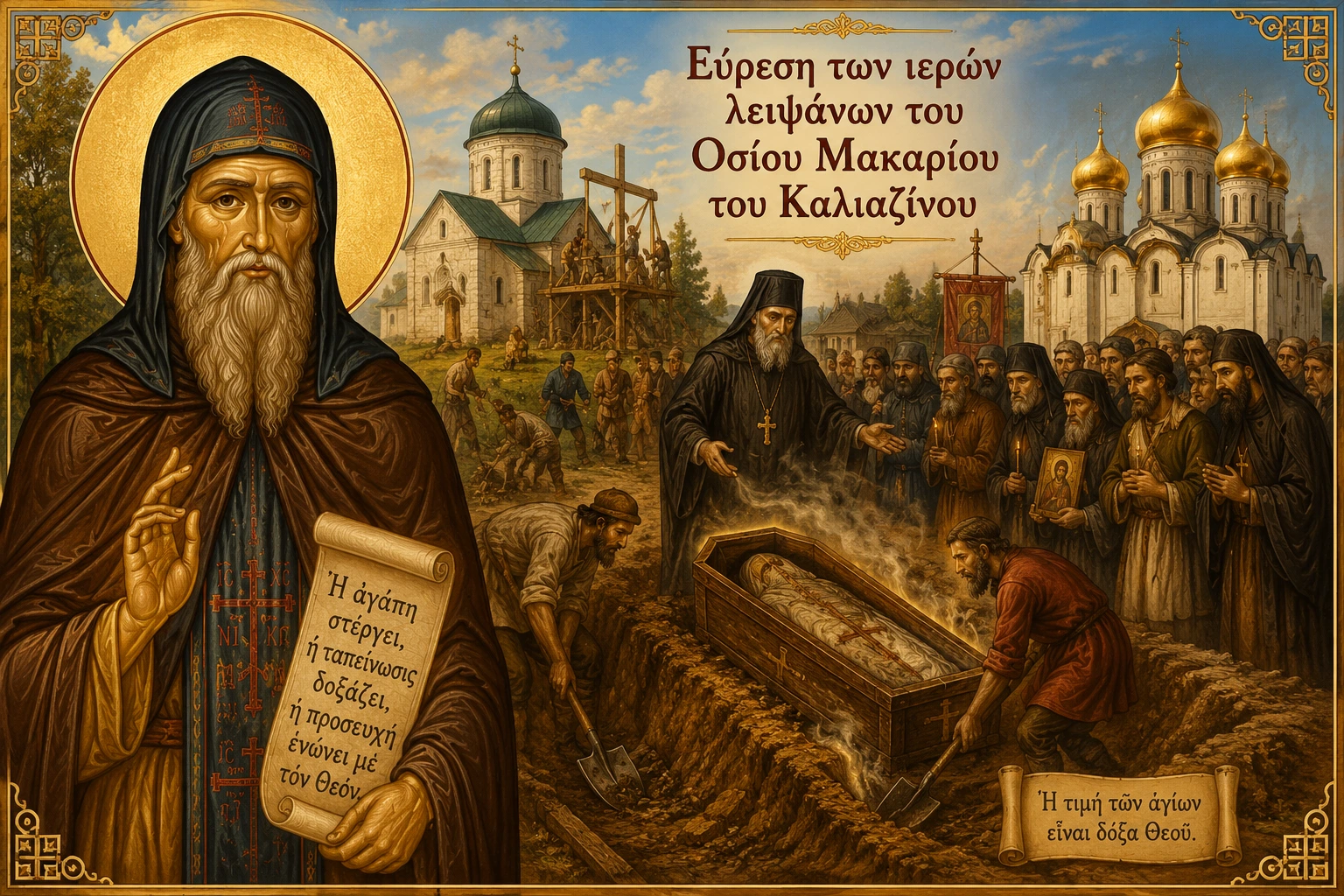 Εικόνα: Εύρεση των ιερών λειψάνων του Οσίου Μακαρίου του Καλιαζίνου