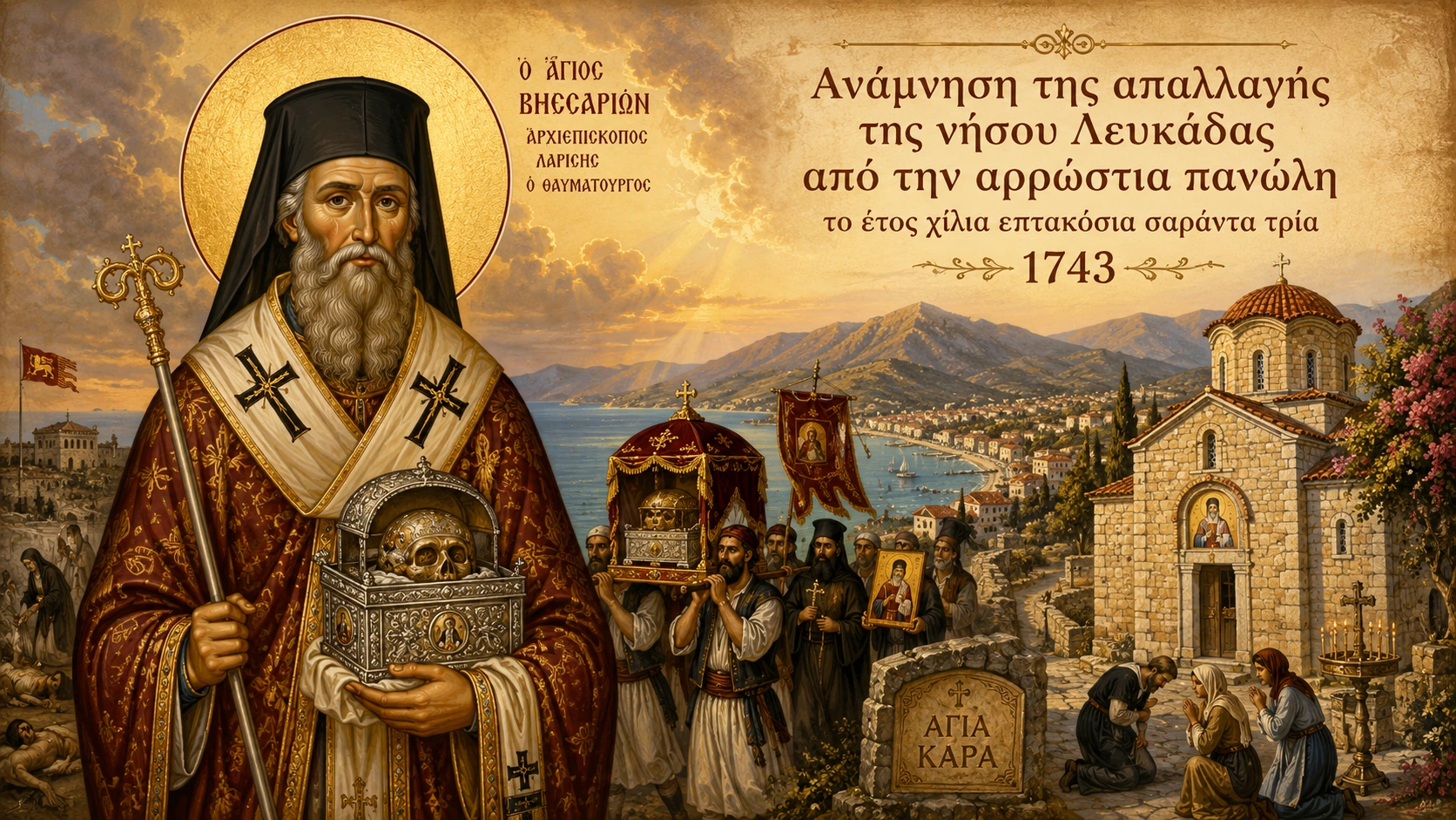Εικόνα: Ανάμνηση της απαλλαγής της νήσου Λευκάδας από την αρρώστια πανώλη το έτος χίλια επτακόσια σαράντα τρία