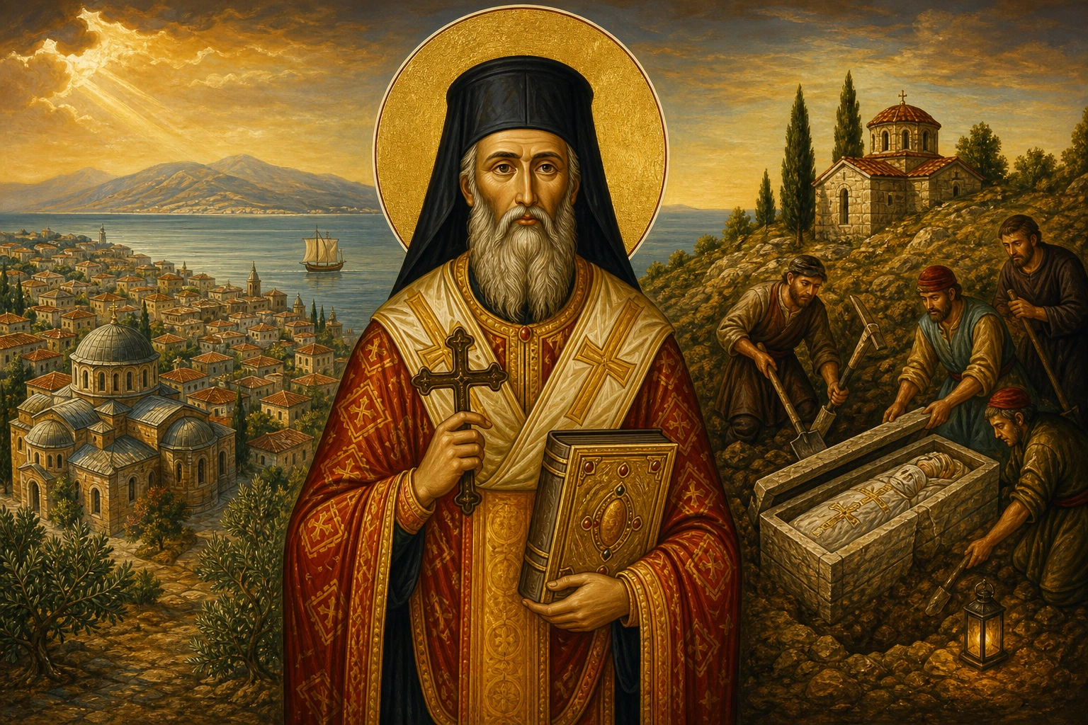 Εικόνα: Εύρεσις του Τάφου και των Λειψάνων του Αγίου Ραφαήλ εν Μυτιλήνη