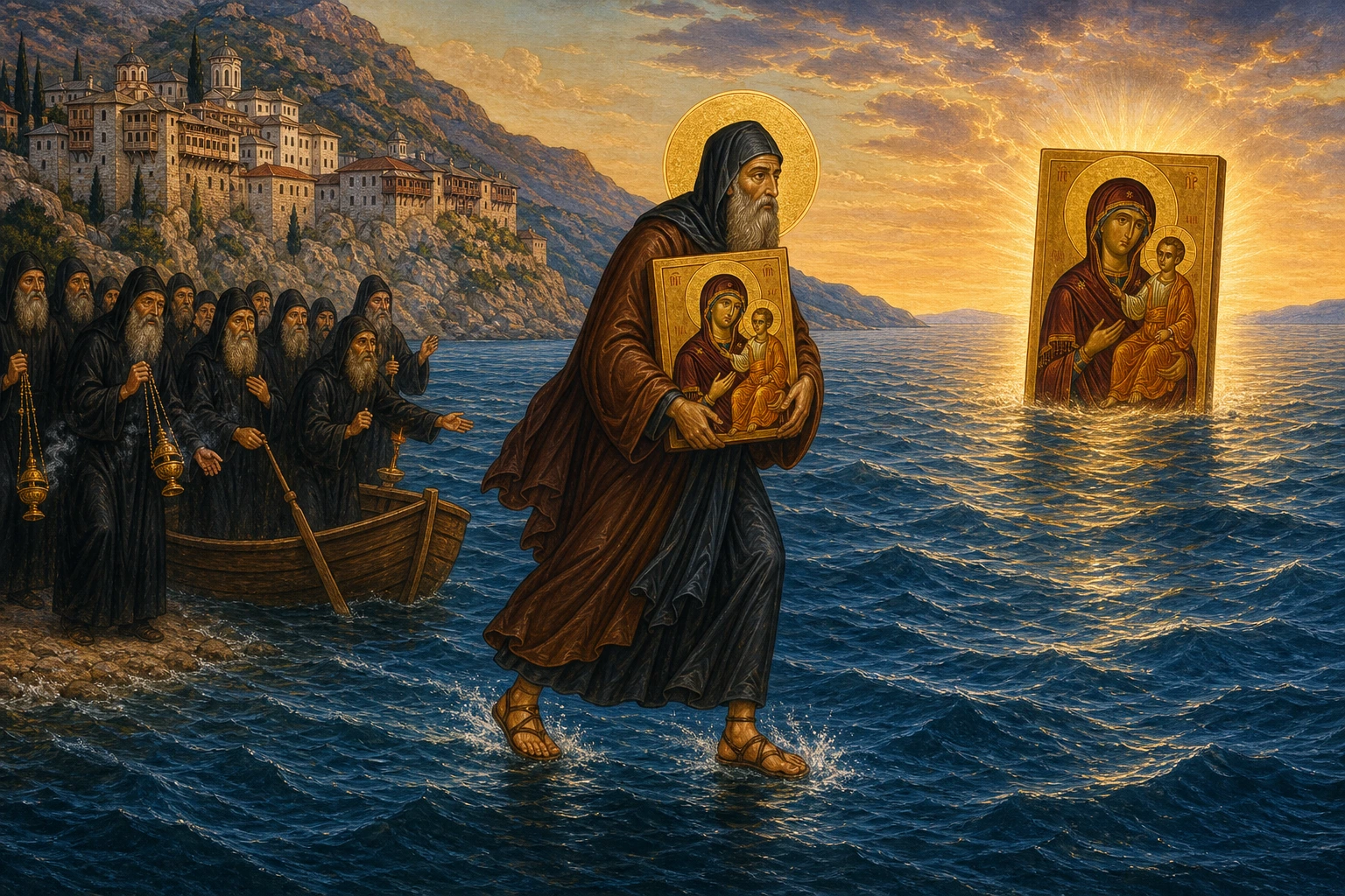 Εικόνα: Ο Όσιος Γαβριήλ ο Ίβηρας και η θαυματουργή εικόνα της Παναγίας